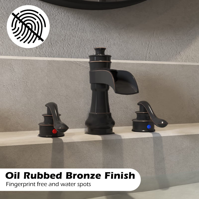 BWE Waterfall Widespread Bathroom Faucet 3 Hole Oil Rubbed Bronze Farmhouse 8 Inch Pop Up Drain Stopper Assembly Overflow Supply Line Faucets Parts Two Handle Bath Vanity Lavatory Sink - Image 3